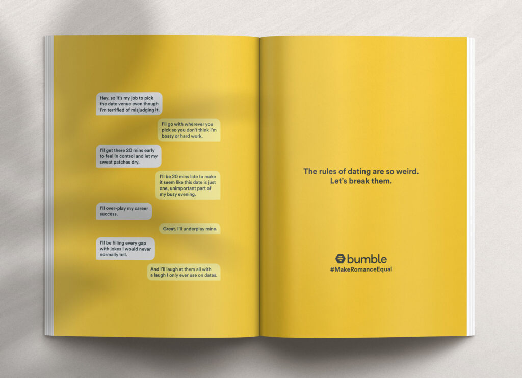 A yellow press ad for Bumble. It describes a dating conversation between two strangers.